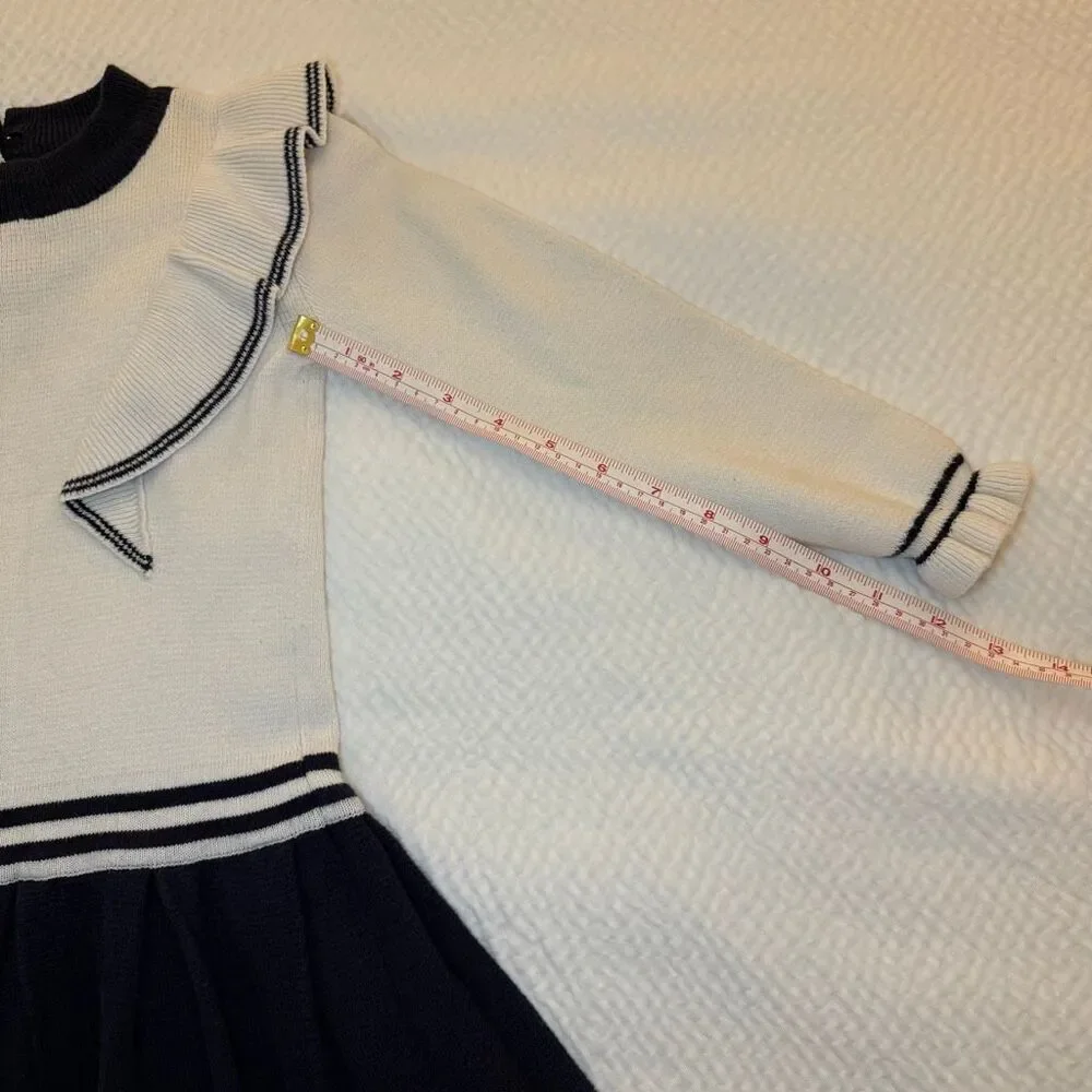 Hope & Henry | Ivory Navy Knit Dress | Ruffle Trim and Mock Neck | Girls 5